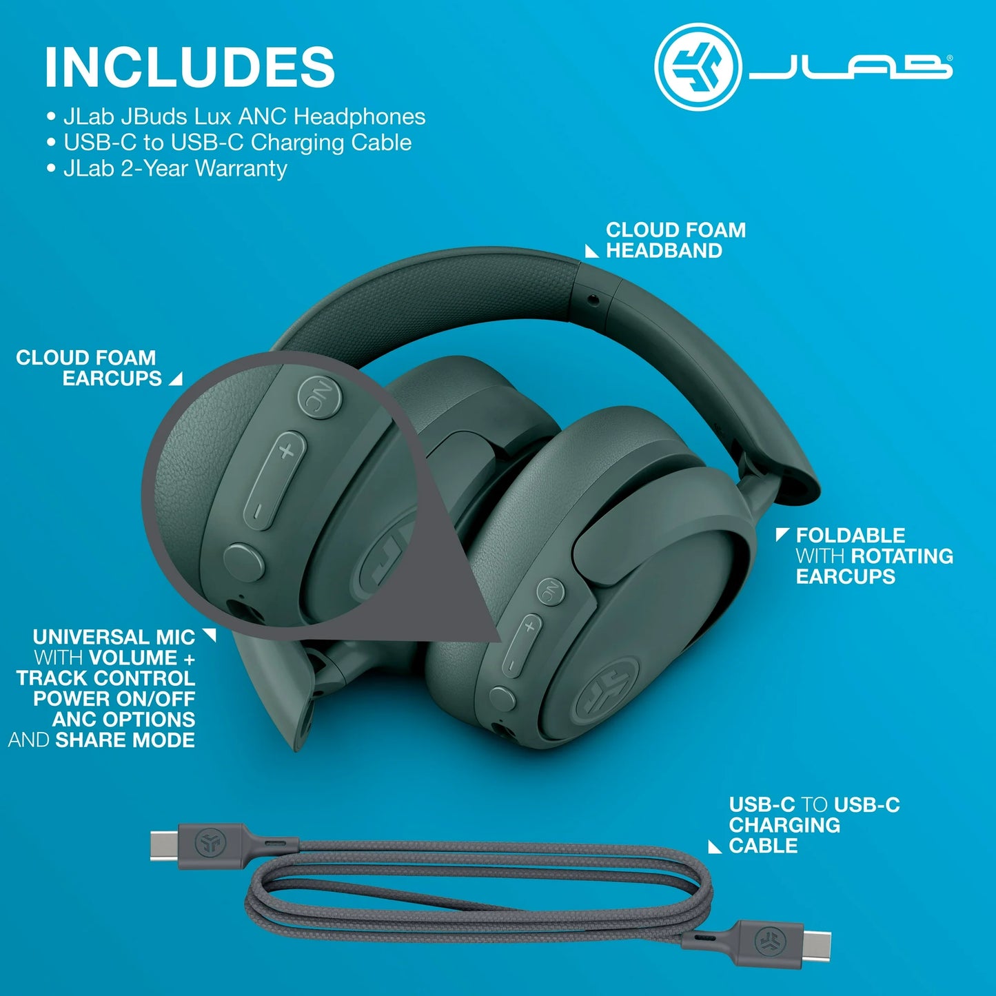 JLab JBuds Lux Active Noise Cancellation Bluetooth Headphones